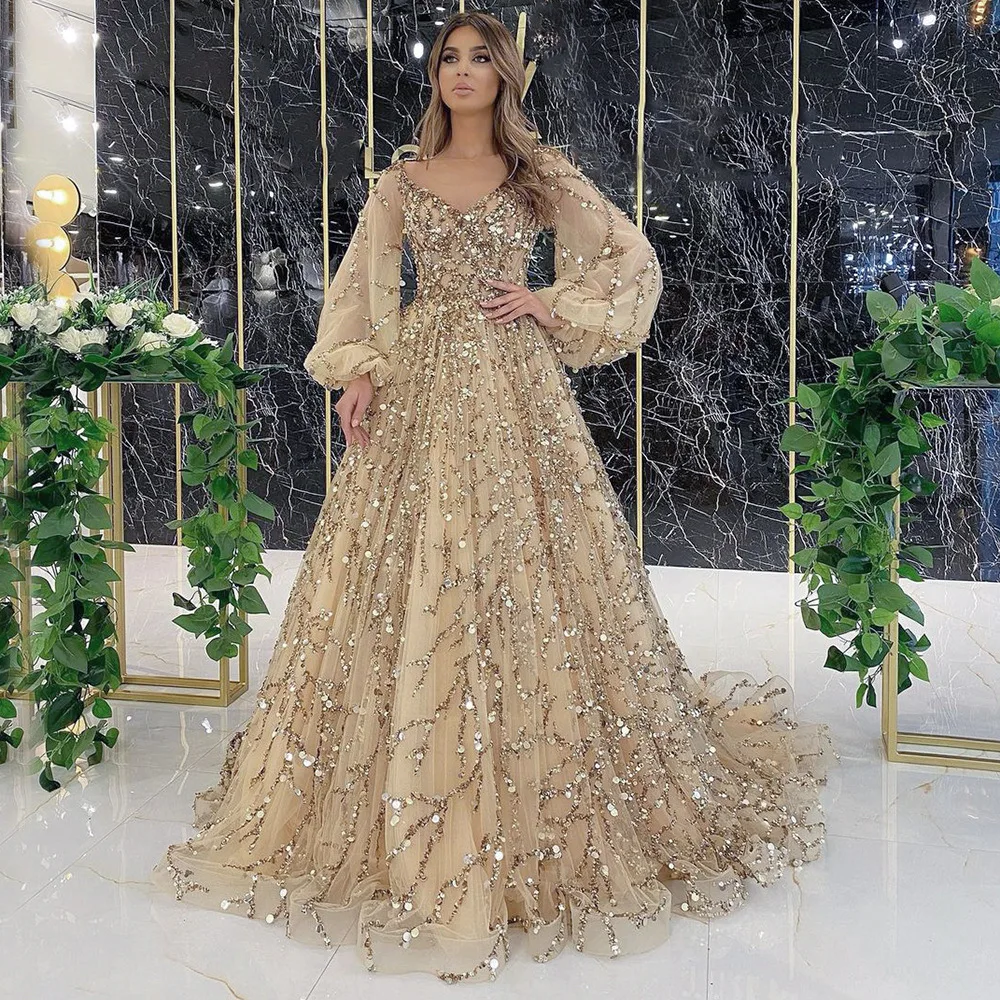 DQ7109 Luxury Gold Heavy Beadings Sweetheart Ball Gown African Long Sleeves Floor Length Evening Dresses