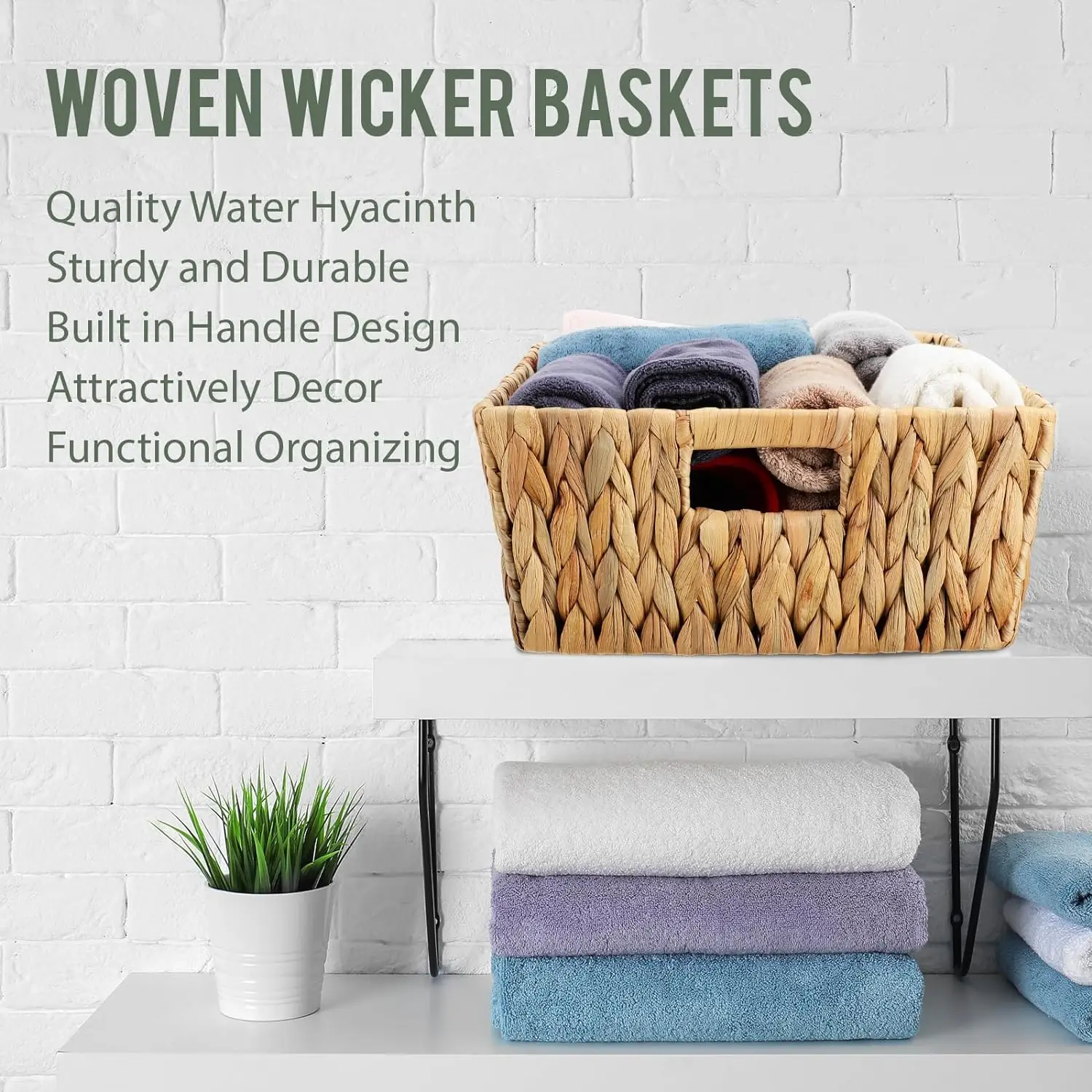 Small Wicker Basket Bulk Woven Water Hyacinth Baskets for Organizing Baskets with Built in Handles for Kitchen Bathroom Shelf