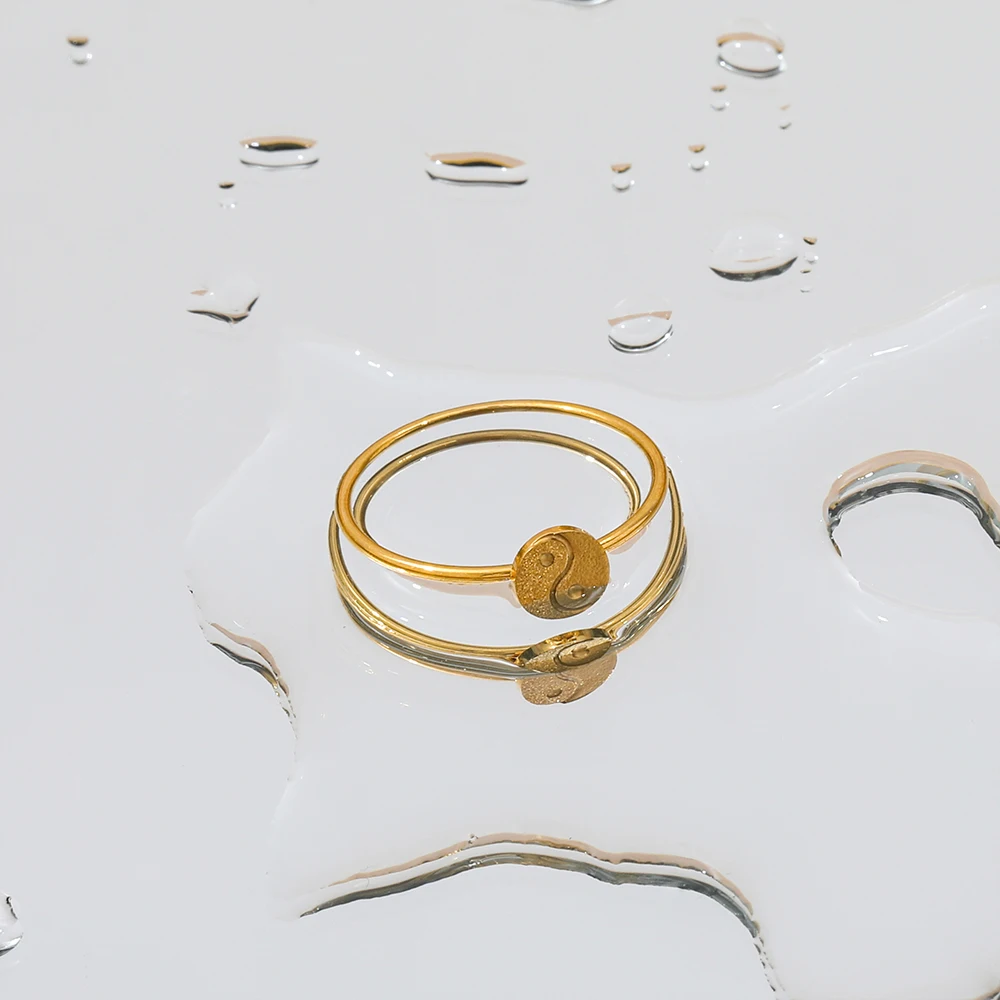 Joolim Jewelry Wholesale 18K Gold Plated Sand Finish Tai Chi Stainless Steel Ring for Women Dainty Ring