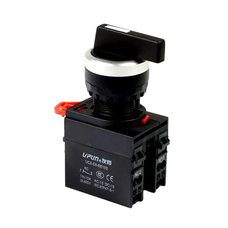 Selector switch with long handle, 2,3 position UC2-E8 push-in plastic button 22mm
