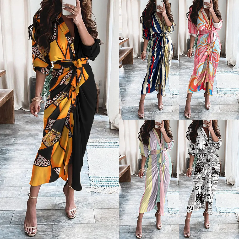 LLDRESS Irregular Long Sleeves Sexy Tie High-end 2022 New Women Clothes V Neck Slim Pleated Elegant Floral Dress For Women