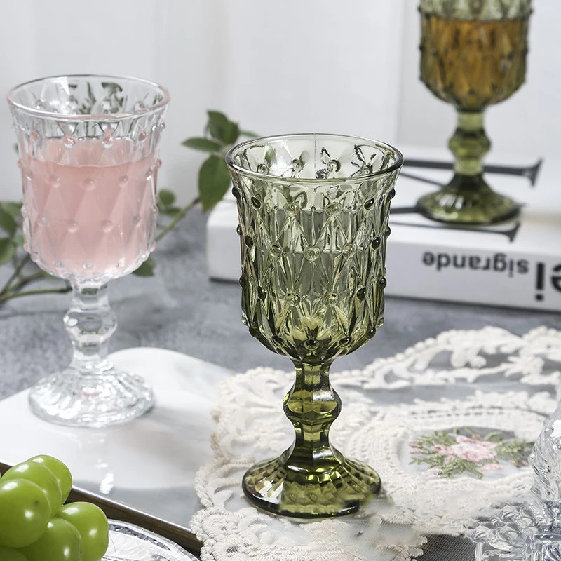 Vintage Lead-free Green Milk Purple Gray Fruit Bubble Wine Glass Embossed Colored  Wedding Wine Glass Red Wine Goblet Glass