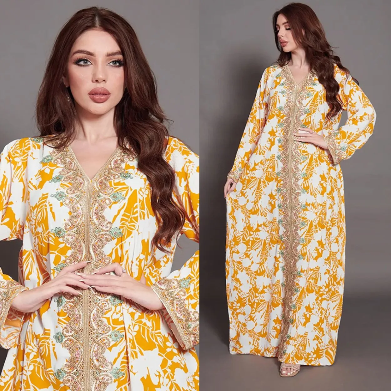 2022 new arrival Islamic clothing Arabic Muslim women abaya dress yellow print sequins gold lace Moroccan dresses