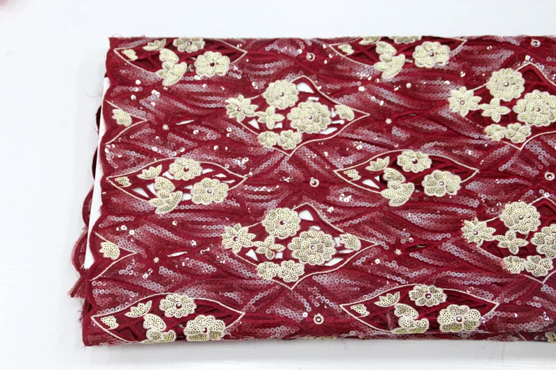 Burgundy Red Handcut Nigeria Dress Sequins Fabric
