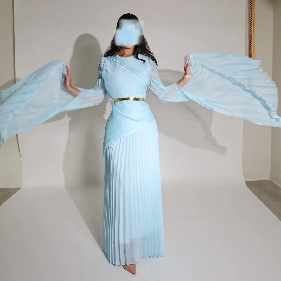 Chiffon Ruffle Dress High Waist Belt Maxi Dress Bat Sleeves Mid Eastern Dubai Turkey Modest Evening Party Dress Polyester Fiber