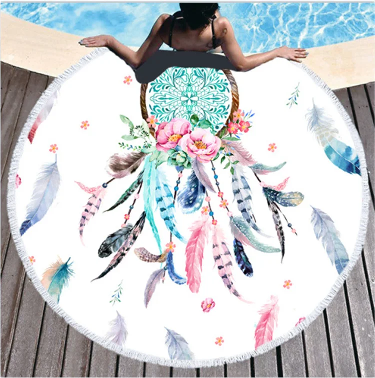2022 Quick Dry Microfiber Round Sand Free Printed Beach Towel swimming  blanket  Custom With Tassels for adult