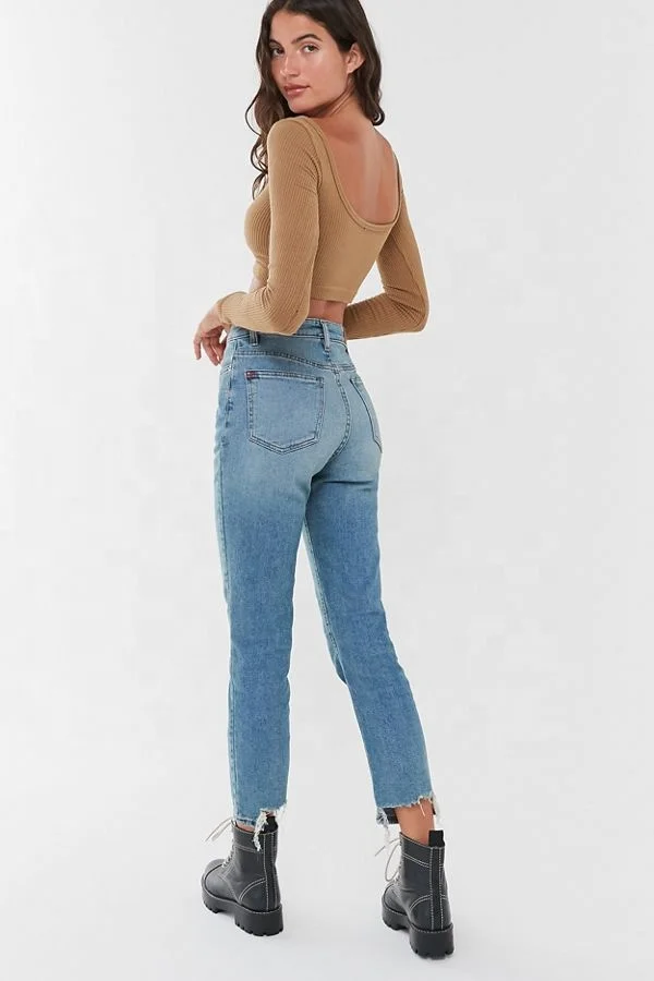 Wholesale factory price straight women jean jogger pants with frayed hem