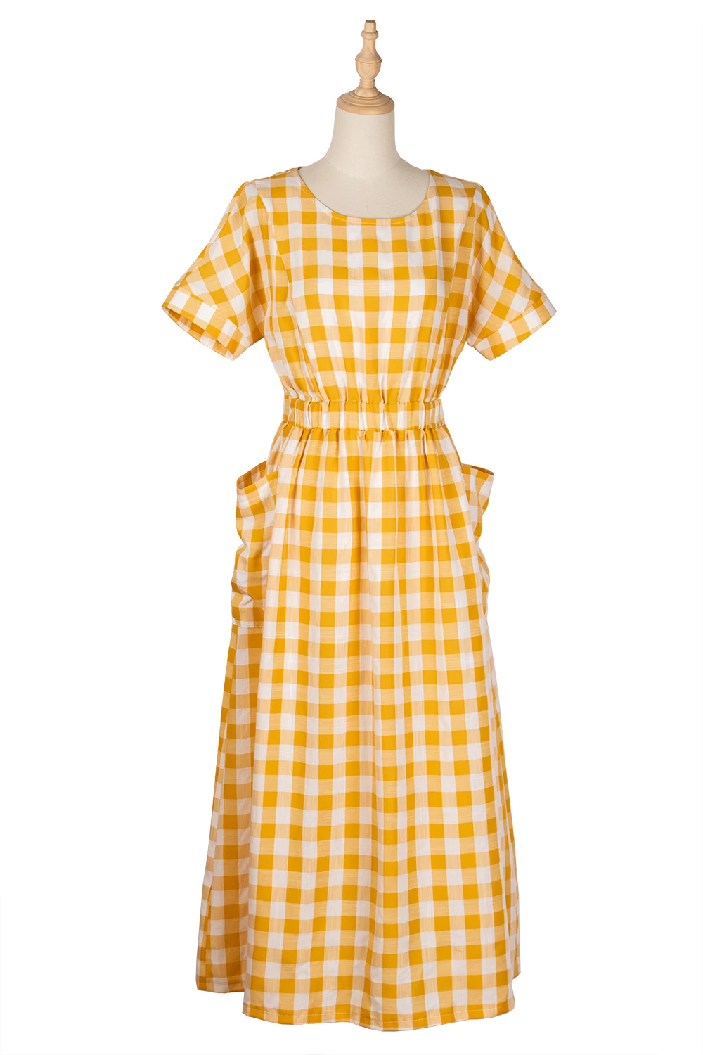  Elegant yellow Plaid short sleeve casual women dresses with plus
