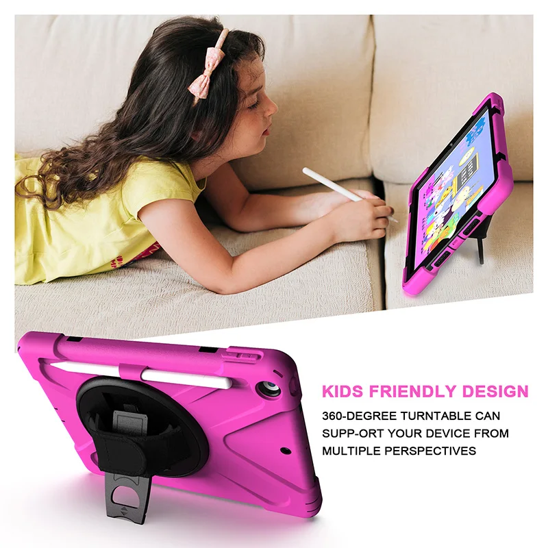 For iPad 10.2 2019 2020 kids soft thick silicone bumper PC rugged tablet case with hand strap 360 rotating foldable kickstand