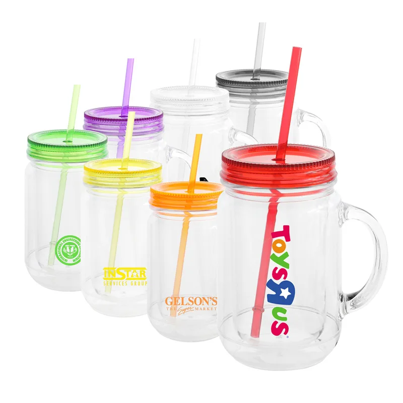 Big Capacity BPA Free Plastic Double Wall Mason Jar With Lid and Straw