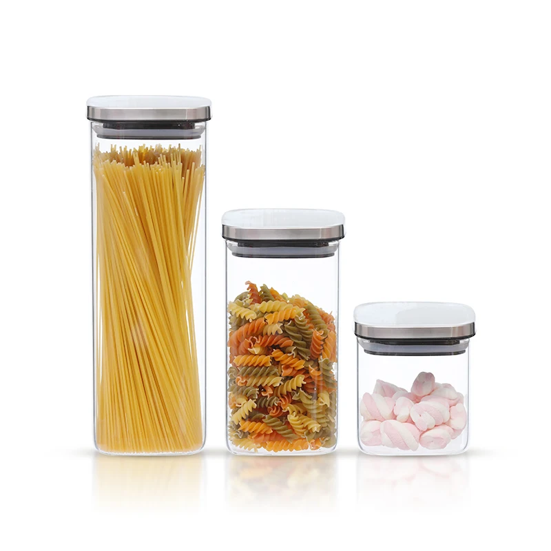 price newest hot sell borosilicate kitchen food storage glass jar set with stainless steel lid silicone seal