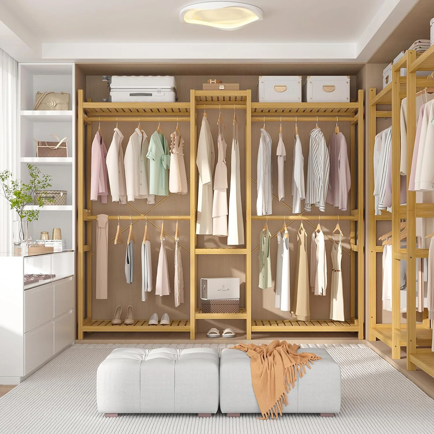 Bamboo Closet System Clothes Rack with 7 Storage Shelves and 5 Rods Large Freestanding Garment Rack Wooden Clothing Rack