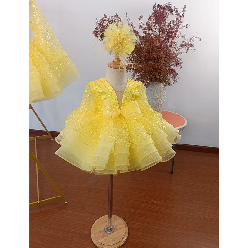 Baby Girls 1st Birthday Formal Ball Gown Kids Stage Perform Clothes Dress Flower Girls Sequin Gauze Puffy Dresses