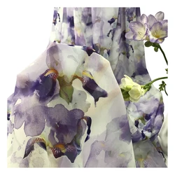 New fashion purple painting flowers design digital wholesale printed chiffon fabric for clothing