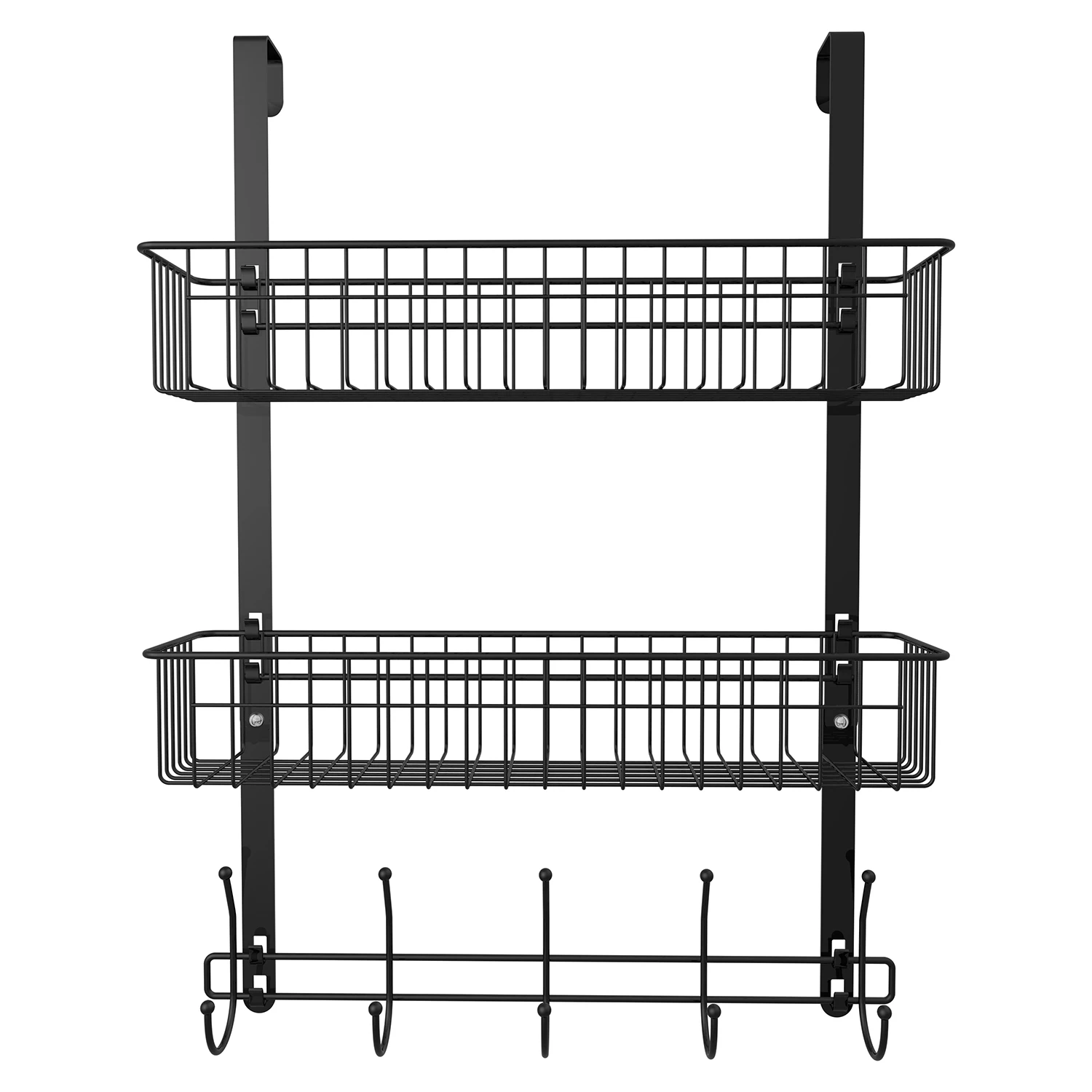Bathroom Metal Wire Towel Clothes behind The Door Hanging Rack with 2 Mesh Basket Built-in 5 Hooks Metal Storage Shelf