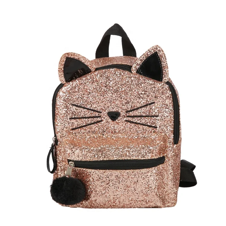 Mini Sequin Kids Glitter Cat Backpack With Applique And Pom-Pom Detail For School Kindergarten Children