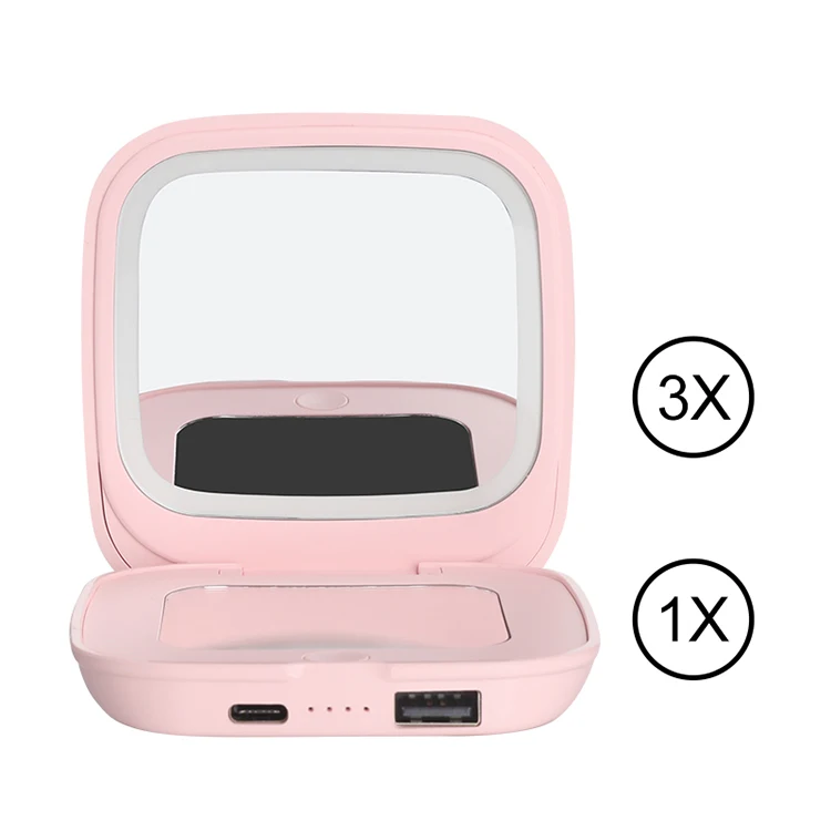 Производство на заказ, квадратные Розовые складные компактные зеркала для туалетного столика, светодиодные лампы по краю с подсветкой