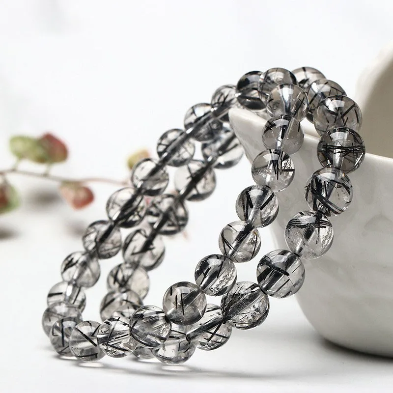 Natural Black Agate Stone Onyx Gemstone Rutilated Quartz Crystal Bead Bracelet
