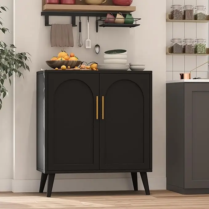Rattan Storage Cabinet with Doors, Modern Sideboard Buffet Cabinet for Living Room, Entryway, Dining Room and Kitchen, Black