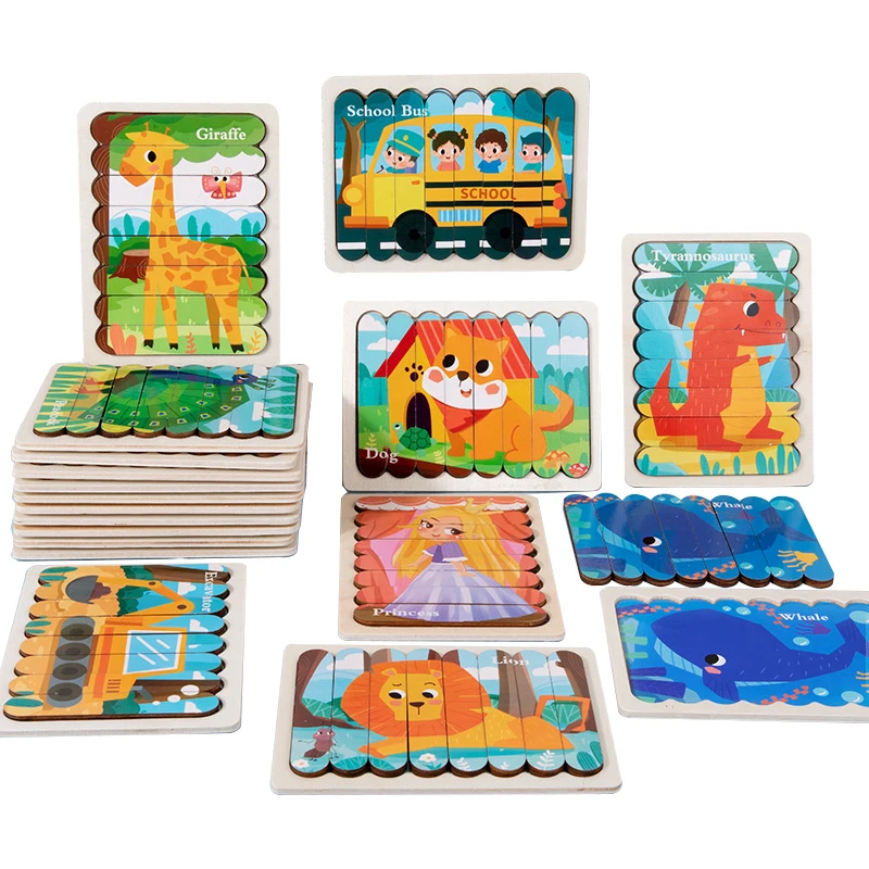 Классическая развивающая игрушка Монтессори двусторонняя полоска животное динозавр 3D деревянная головоломка для мальчиков и девочек подарки