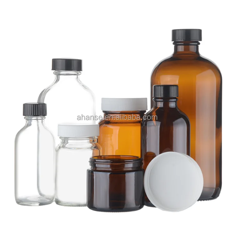 Hot sale all sizes 1oz 2oz 3oz 6oz 12oz clear amber empty food grade glass round boston bottle with white black screw cap
