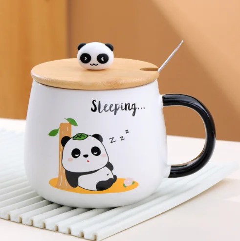 Cartoon ceramic Cup Creative Chubby Dwen Panda Cup cute mug Student water cup with lid spoon can print logo
