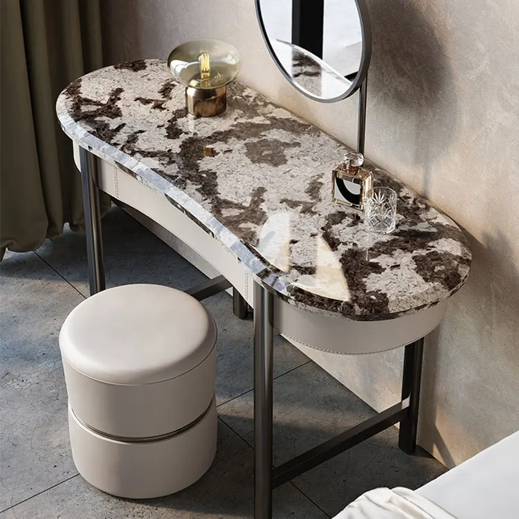 Mirrored Makeup Table Marble Top Dresser Table Bedroom Furniture Dressing Table with Walnut Solid Wood Led