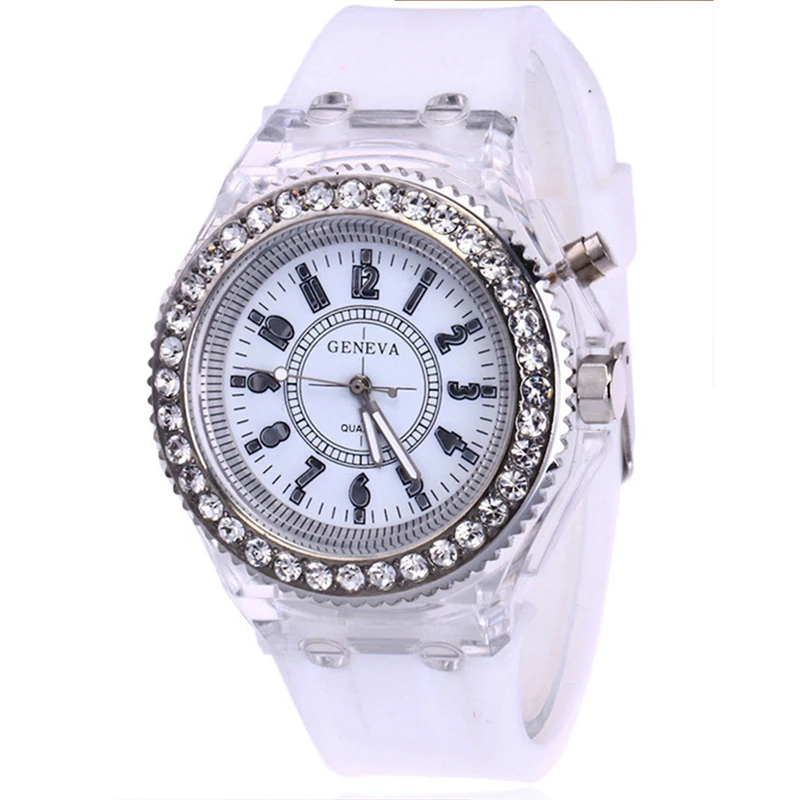 Colorful Rhinestone Led Luminous Glowing Sport Student Watches Quartz Candy Silicone Strap Watch For Couple