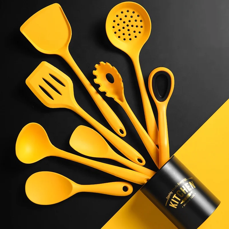 9 Piece Yellow Silicone Cooking Tools Accessories Kitchen Ware Non Stick Cookware Set Kitchen Utensils with Storage Bucket