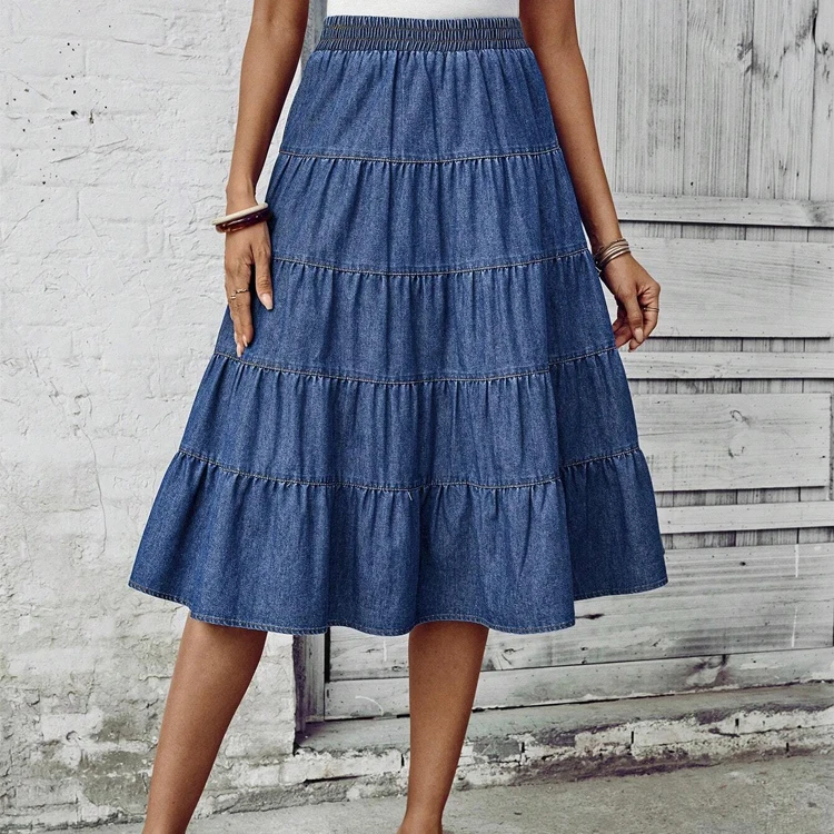 Casual Solid Blue A-Line Dress High Waist Loose Big Skirt Hemline Ruffle Denim Frill Skirt Pockets Button Fashionable Straight