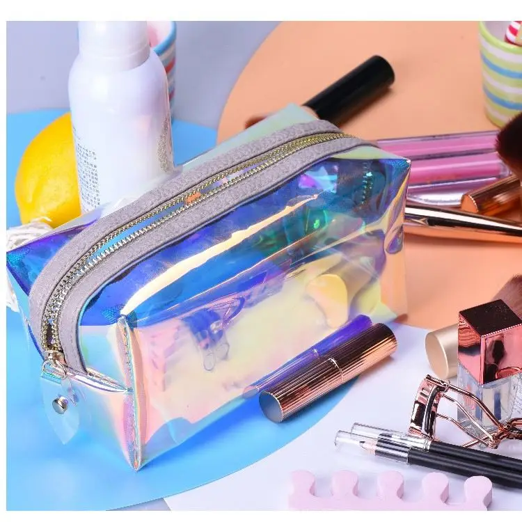 custom waterproof transparent hologram iridescent rainbow TPU laser zip zipper makeup pouch small travel cosmetic bag for women
