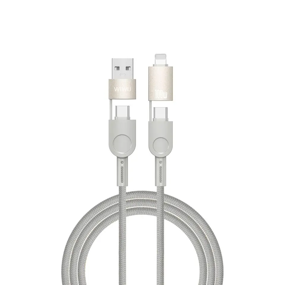 WiWU 120 см нейлон 4 в 1 быстрая зарядка 100 Вт Быстрый PD USB кабель 5A ток оплетка Экранирование iPhone ноутбук мобильный телефон камера мощность