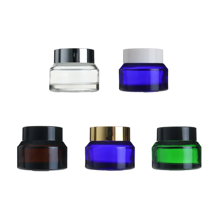 15ml 30ml 50ml clear dark amber green cobalt blue slanted shoulder cosmetic face cream containers glass jar with matte black lid
