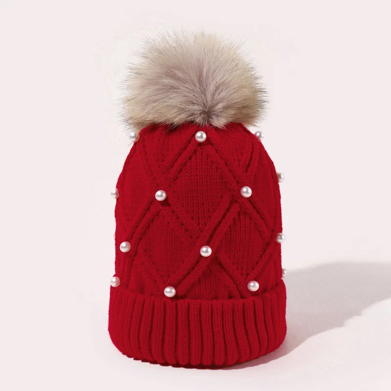 HZM-22247 Winter women ladies fur pom pom beads pearl knitted beanie hat