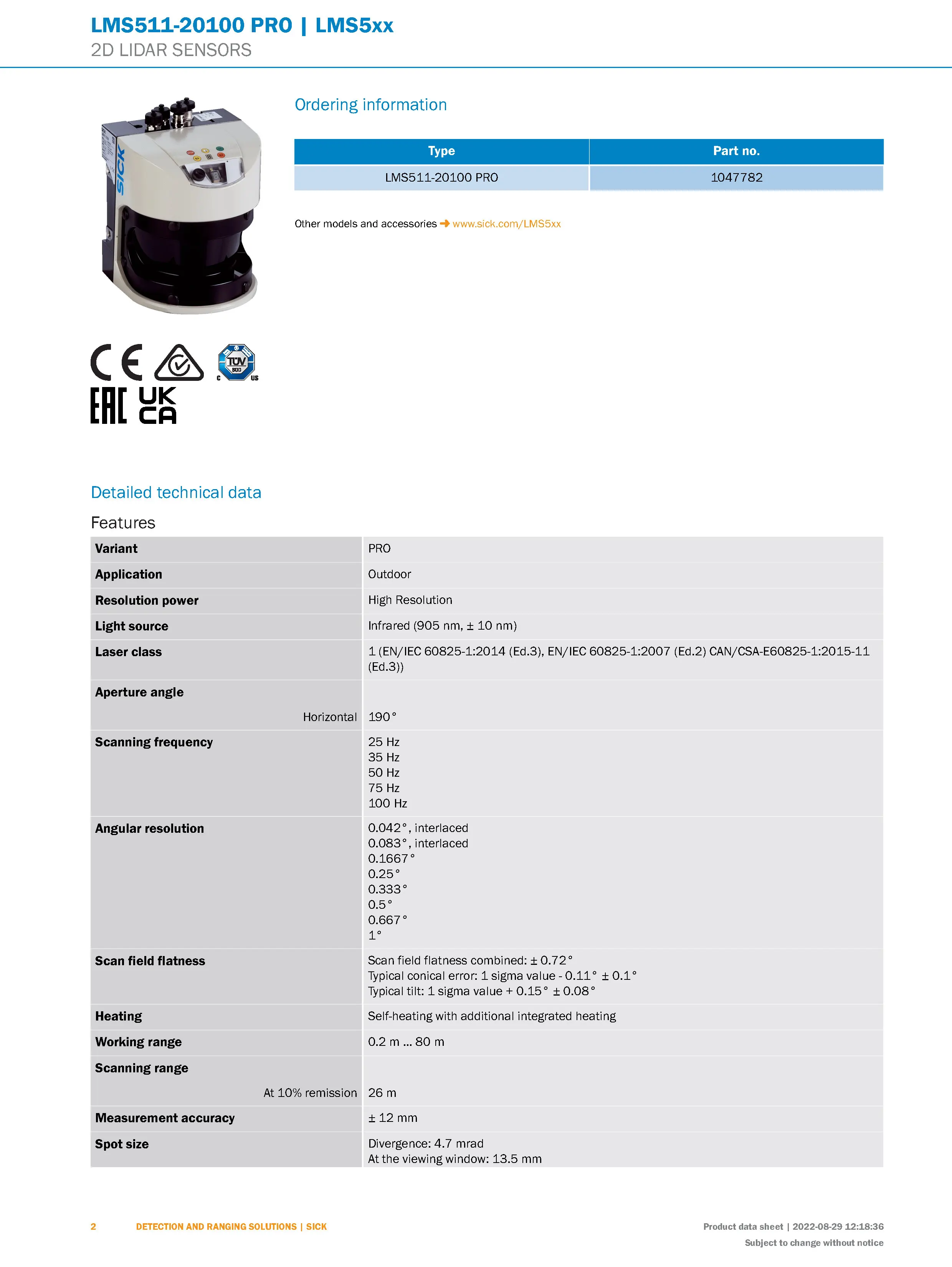 LMS511-20100 PRO  LMS5xx SICK 2D LIDAR SENSORS