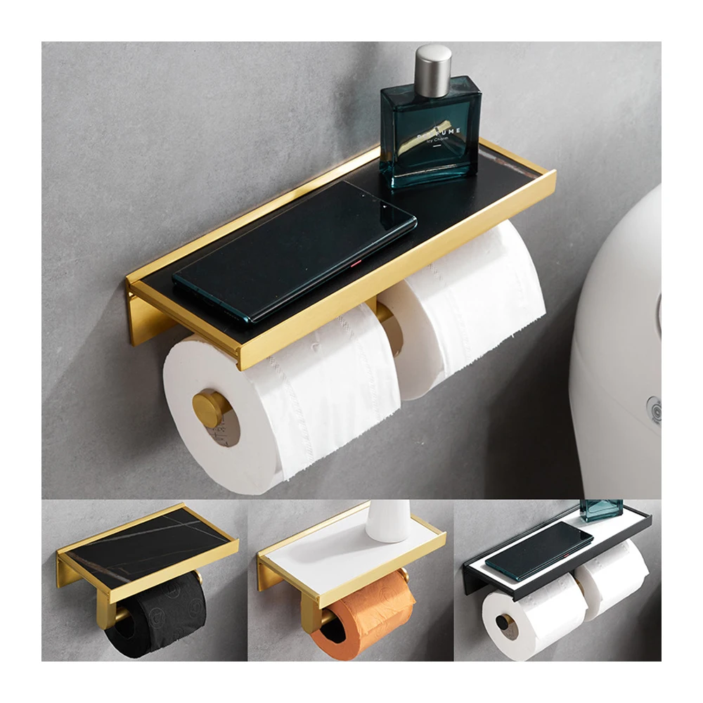 Stick on Wall Space Stone slab aluminum alloy Saving Hanging Tissue Holder for Bathroom Washroom  toilet paper roll holder black