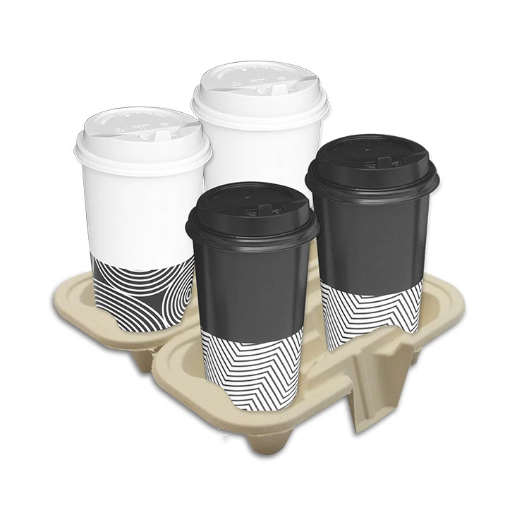 Disposable Takeaway Biodegradable Compostable Bagasse Paper Coffee Cup Holder Tray