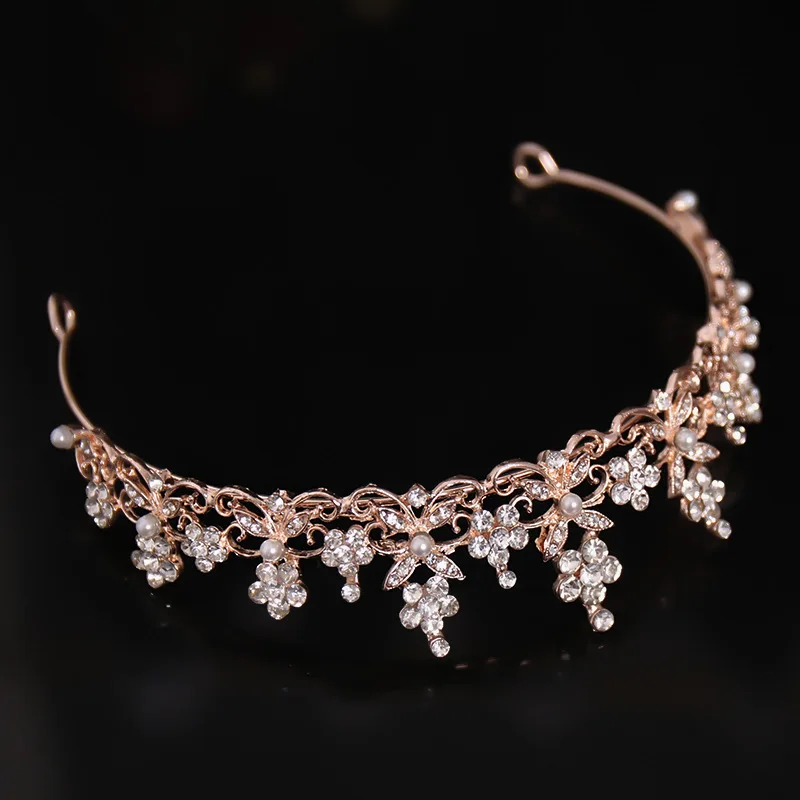 Wavy Rose Gold Color Alloy Crown With Pearls Rhinestone Flower Metal Tiaras Accessoire Femme Luxury Wedding Accessories For Brid