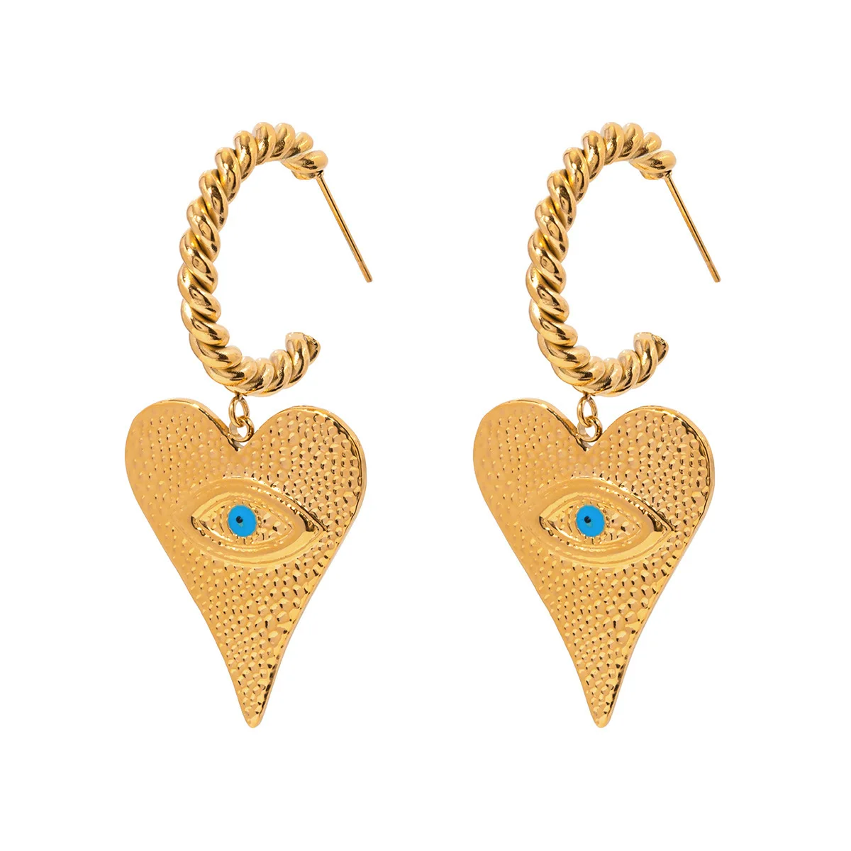 18k Gold Stainless Steel Dripping Fried Dough Twists C-ring Heart Hammer Pattern Eye Pendant Earrings Female