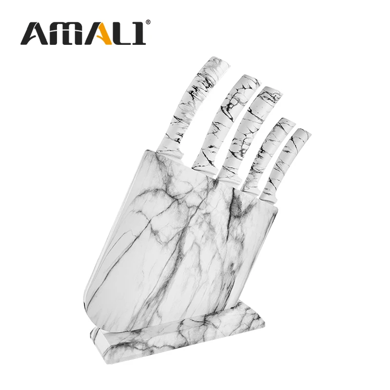 Non-Stick Coating Marble Handle 6pcs Kitchen Knife Set With Block Carving Knife Chef Knife In Color Box