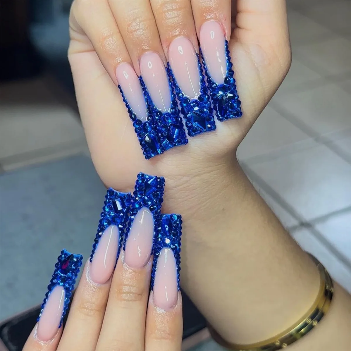 Pretty Blue Press On Nails Artificial Fingernails Soft Gel 100% Hand Made Artificial Fingernails French Tip Press On Nails