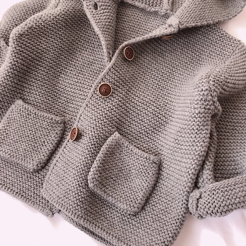 
2021 Fashion Baby Boy Baby Girl Hoodie Button Pocket Knitted Jacket Sweater Cardigan 