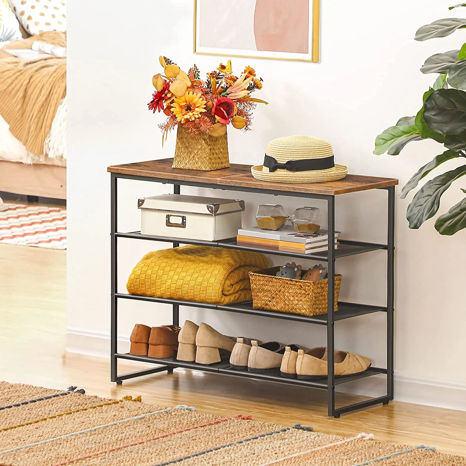 4 Tier Shoe Rack Storage Organizer Shoe Shelf with 3 Mesh Shelves Hold 12-15 Pairs of Shoes Sofa Cabinet Table,living Room