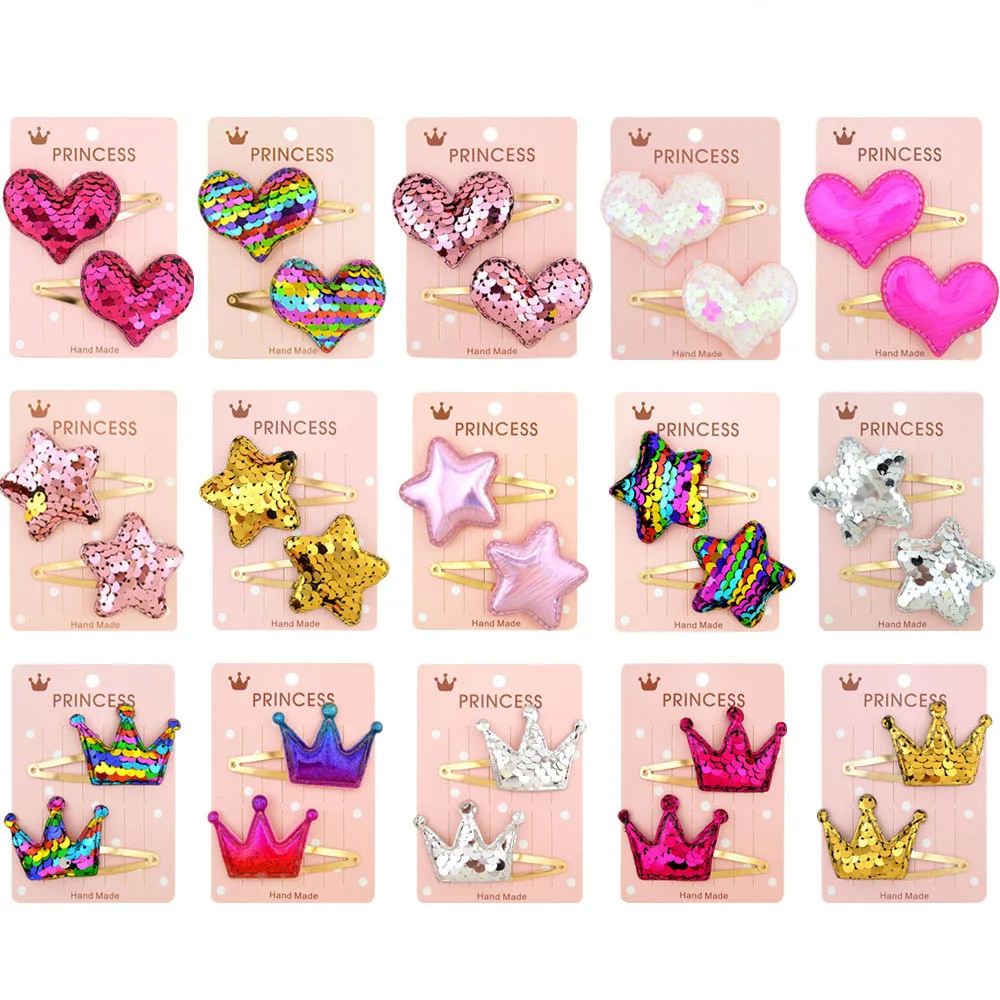 Wholesale Gold Colorful Star Heart  Crown  Bobby Pins Cute Sequin Hair Clips Accessories For Kids Girls