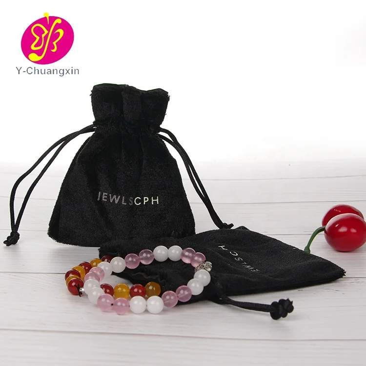 Small Black Suede Velvet Jewelry Bag With Silver Logo Pouch Velvet