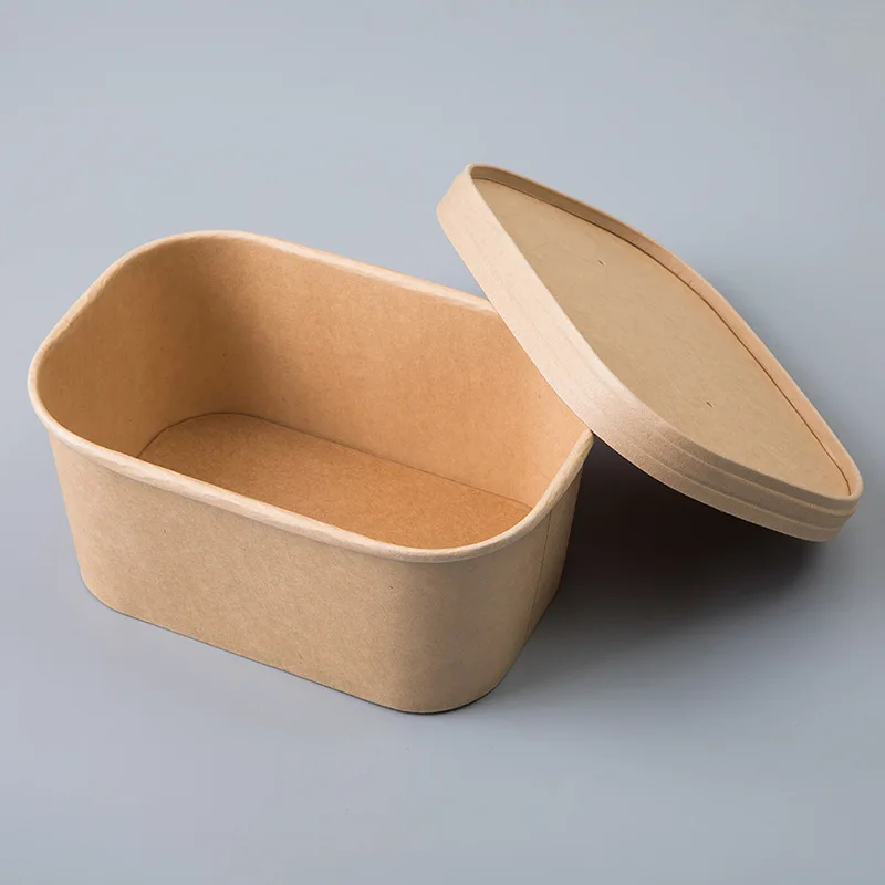 Disposable kraft paper square rectangular box takeaway lunch snack box green salad packaging bowl with cover.