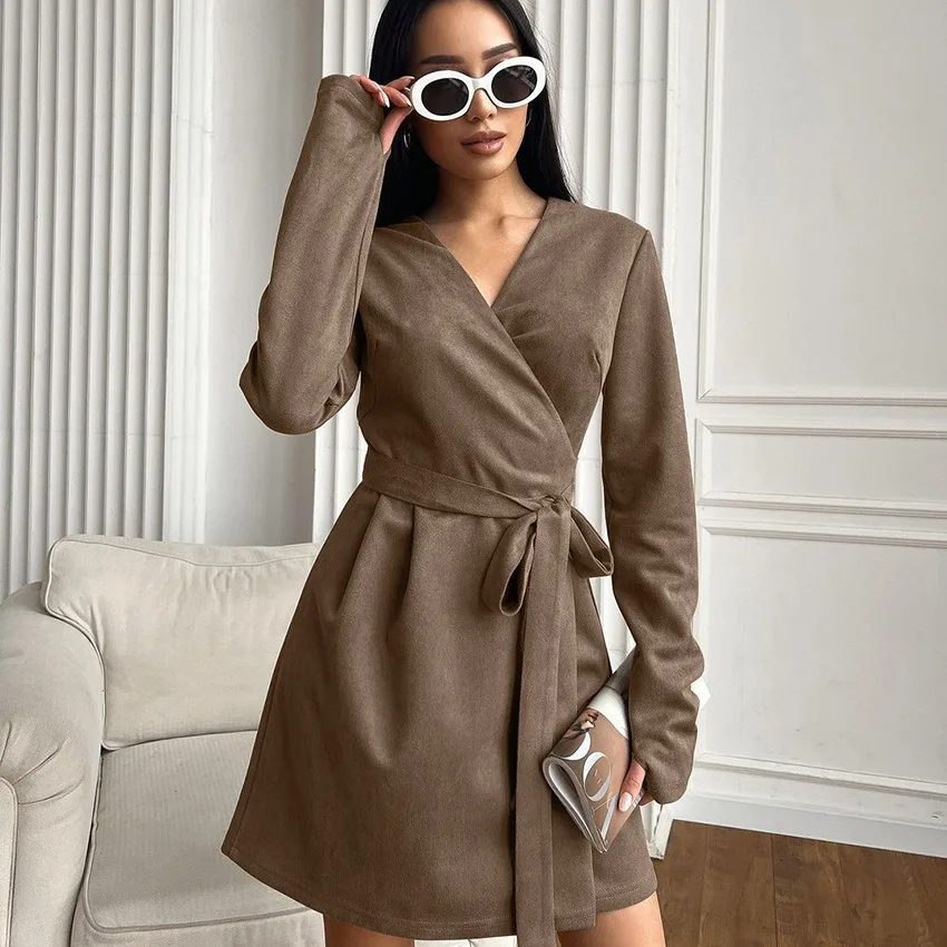 New arrivals Fall 2024 fashion frosted Maillard style suede fabric velvet dresses for women