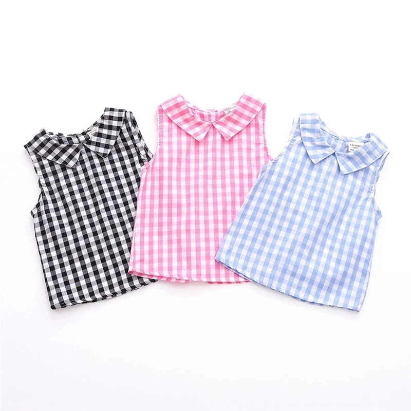 
2021 Summer New Outdoor Vest Custom Plaid Print Top O-neck Sleeveless Girls Children Baby Sleeveless Top Kids 