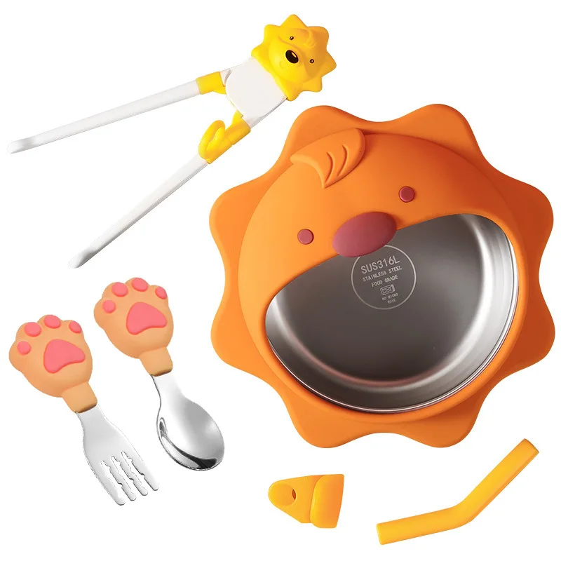 customized Baby silicone meal plate With a lionet  pattern  Non-Slip Suction Plates For kids dining baby feeding supplies set