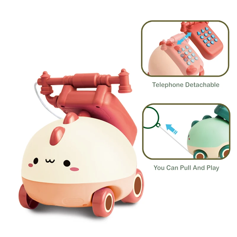 QS Wholesale Educational Gift Plastic Mini Cartoon Dinosaur Musical Hand Pull Line Call Play Telephone Holder Cars Toys For Kids